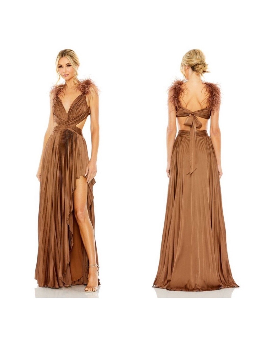 Leena for Mac Duggal 11687 Brown Pleated Feather Cap Sleeve Open Back Gown